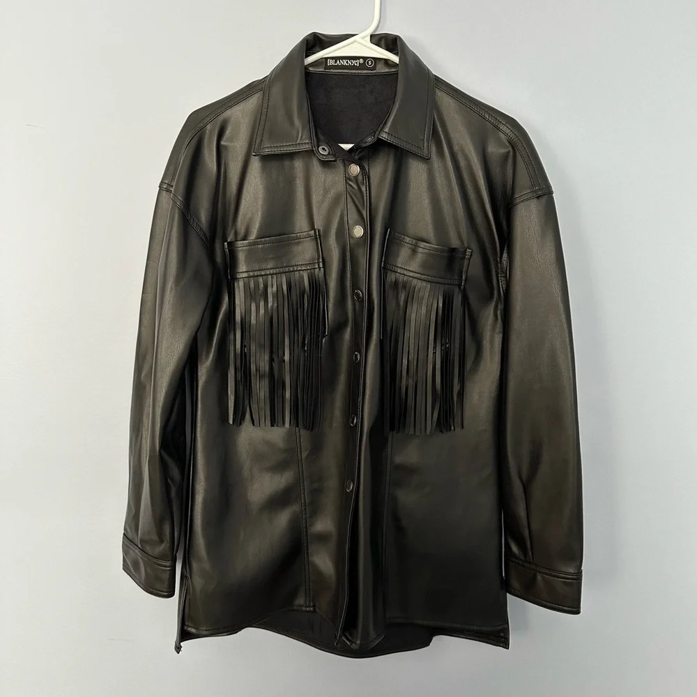 Blank NYC Women’s Lonestar Oversized Vegan Leather Fringe Shirt Jacket S Black - Picture 4 of 11